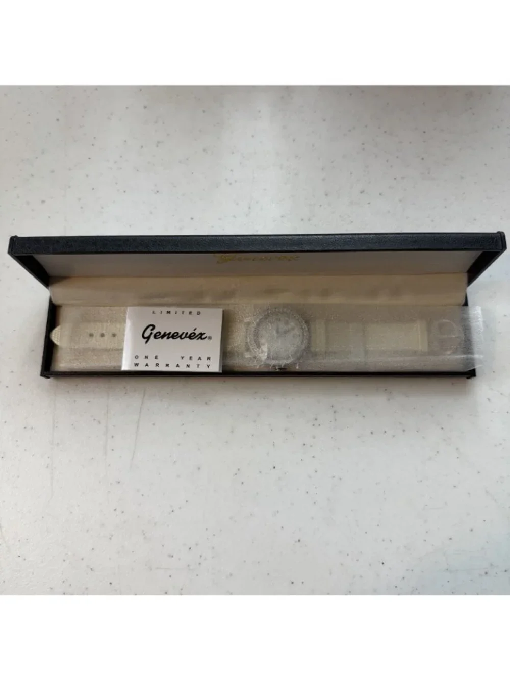 GENEVEX Cubic Zirconia Case MOP Dial ~ White Leather Women’s Watch NWT